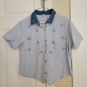VTG Bobbie Brooks Button Down Chambray Floral Shirt Large
